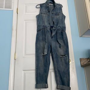 Distressed Jean Cropped Jumpsuit with Belt